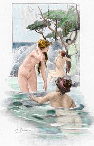 Odyssee av Homere: "Nausicaa, dotter till kung Alcinous, och hennes tjänarinnor som tvättar sina kläder i floden" Illustration av Antoine Calbet (1860-1944) för "The odyssee" av den grekiska poeten Homere (Odyssey av Homer) 1897 Privat samling av Antoine Calbet