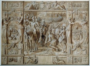 Milanos underkastelse Francois I:s trupper intog staden Milano efter seger i slaget vid Marignan 1515. Ritning i penna och tvätt av Antoine Caron (1521-1599) 1500-talets Paris, Louvren av Antoine Caron