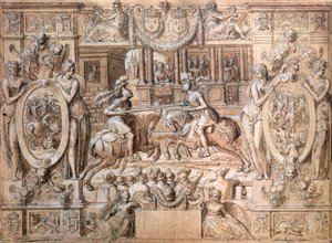 Turnering i samband med bröllopet mellan Catherine de Medici (1519-89) och Henri II (1519-59) 1533 (penna och på papper)