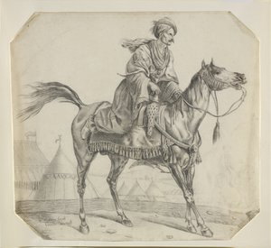En mameluk som sätter sig på sin häst (svart krita på papper) av Antoine Charles Horace Vernet