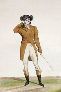 En Dandy klädd i en båtformad hatt, en dun-färgad jacka och byxor i buckskinn, tallrik 1 från serien 