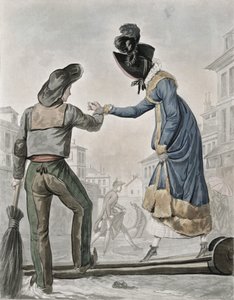 En kvinna som betalar en gatusopare för att korsa en landgång över en smutsig gata av Antoine Charles Horace Vernet