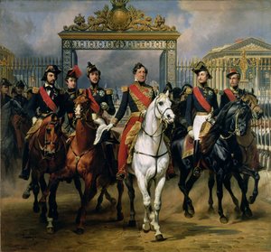 Kung Louis-Philippe (1773-1850) av Frankrike och hans söner lämnar slottet Versailles till häst, 1846