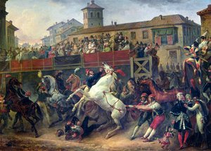 Scen av en hästkapplöpning utan hästar i Rom av Antoine Charles Horace Vernet
