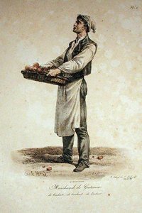 The Cake Seller, nummer 1 från The Cries of Paris-serien, graverad av Francois Seraphin Delpech (1778-1825) av Antoine Charles Horace Vernet