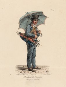 Paraply- och parasollsäljaren, nummer 23 från serien The Cries of Paris, graverad av Francois Seraphin Delpech (1778-1825) av Antoine Charles Horace Vernet