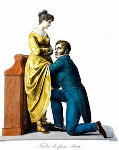 Att röra vid en stående kvinna: En patient konsulterar en läkare som auskulterar henne under klänningen. Gravyr av Chazal (1800-talet). Paris, medicinakademin