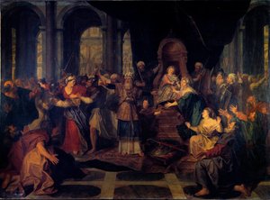Atalja jagad från templet Atalja, hustru till Joram, kung av Juda, förblir änka och styr riket genom att överge den judiska religionen. Målning av Antoine Coypel (1661-1722)