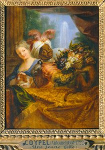 Ung svart flicka som håller en fruktkorg och ung flicka som smeker en hund - Jeune noir tenant une corbeille de fruits et jeune fille caressant un chien ...
