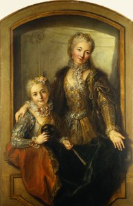 Porträtt av Madame Dupille och hennes dotter, i mitten av kroppen, klädd i balklänningar i ett fönster, 1733