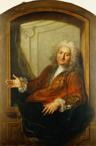 Porträtt av Monsieur Dupille, i mitten av kroppen, i en mantel som sitter på kanten av ett fönster, 1733
