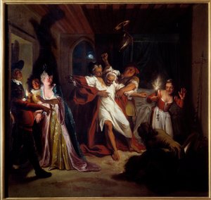 Sovande Don Quijote bekämpar skinnen. "Den geniale gentlemannen Don Quijote från La Mancha" av Miguel de Cervantes Saavedra (1547-1616). Målning av Charles Antoine Coypel (1694-1752), mellan 1716. Olja på duk. Mått: 1,23 x 1,28 m. Compiegne, Musee National