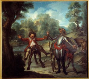 Berättelsen om Don Quijote: Sancho vaknar och desperat efter att inte hitta sin älskade Grison. "Den geniale gentlemannen Don Quijote från La Mancha" av Miguel de Cervantes Saavedra (1547-1616). Målning av Charles Antoine Coypel (1694-1752)