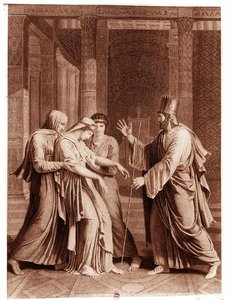 Ester inför Assuerus, illustration från Esther av Jean Racine (1639-99), graverad av Mathieu (gravyr) (svart/vitt foto) av Antoine Denis (after) Chaudet