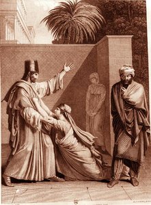 Esther bönfaller Assuerus i närvaro av Aman, illustration från 