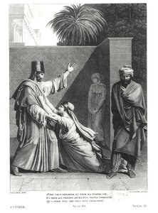 Esther bönfaller Assuerus i närvaro av Aman, illustration från Esther av Jean Racine (1639-99) graverad av J.J. Coiny (1761-1809)