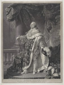 Le Sacre - Porträtt av kung Ludvig XVI i Kröningsregalier, graverad av Charles-Clément Bervic (1756-1822) av Antoine Francois (after) Callet