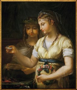 Två vestaler förbereder ett offer. Målning av Antoine Francois (Antoine-Francois) Callet (1741-1823), olja på duk av Antoine François Callet