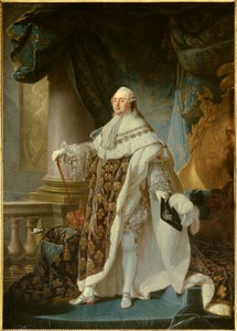 Portrait en pied du roi de France Louis XVI (1754-1793), iklädd den stora kungliga dräkten 1779 Målning av Antoine Francois (Antoine-Francois) Callet (1741-1823) 1779 Dim. 2,7x1,89 m - - Porträtt av kungen av Frankrike Ludvig XVI (1754-1793) i hans kröning av Antoine François Callet