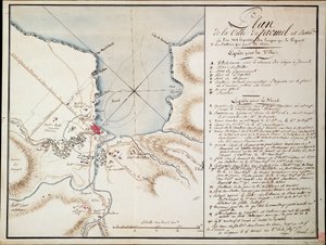 Jacmels närområde, används för att ange linjer och positioner som intagits under blockaden och de batterier som upprättats för att bygga upp det belägrade försvaret. av Antoine François Sorrel des Rivieres