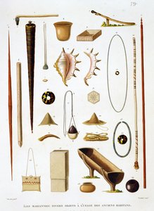 Hushållsredskap och vapen från Mariannasöarna, från Voyage autour du Monde (1817-20), av Louis Claude Desaulses de Freycinet (1779-1842), graverad av Jean Louis Denis Coutant (1776-1831), s av Antoine Germain Bevalet