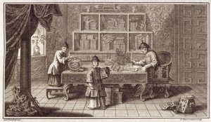En kinesisk kalligrafibutik, från en redogörelse för den holländska ambassaden i Kina, graverad av A. Maisonneuve, ca 1670-talet av Antoine Humblot