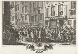 Från Rue Quinquempoix, 1720 Rue Quinquempoix år 1720 (titel på objekt) Het Groote Tafereel der Dwaasheid (serietitel) av Antoine Humblot