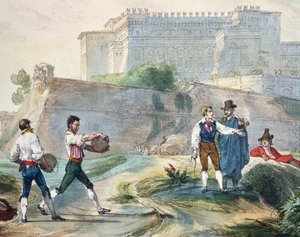Playing ruzzica, av Antoine Jean-Baptiste Thomas (1791-1834), färglitografi från Ett år i Rom och dess omgivningar