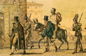 Straff som innebar att ledas genom gator på åsna, litografi av Jean-Baptiste-Antoine Thomas (1791-1833) från Un Rome