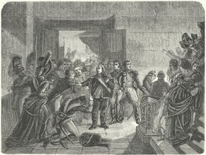 Ludvig XVIII lämnar Tuileriepalatset efter att ha fått veta om Napoleons återkomst till Frankrike från Elba av Antoine Jean (after) Gros