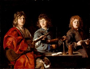 franska  Trois jeunes musiciens Tre unga musiker av Antoine Le Nain
