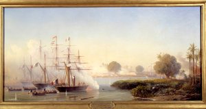 Avsnitt av expeditionen av Cochinchine: "" Fångst av citadellet i Saigon av viceamiral Rigault de Genouilly som befaller den fransk-spanska expeditionsstyrkan 17/02/1859”” Målning av Antoine Leon Morel Fatio (1810-1871) 1859 sön. 0,83x1,82 m