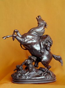 Lejon attackerar en häst Bronsskulptur av Antoine Louis Barye (1795-1875) 1800-talet. Paris, Louvren