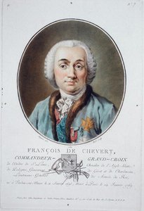 Francois de Chevert (1695-1769) från "Porträtt av stora män, berömda kvinnor och minnesvärda ämnen i Frankrike", graverad av Ride, publicerad 1787-92 (färg litho)