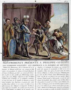 Montmorency presenteras för Philip Augustus (1165-1223) efter slaget vid Bouvines, graverad av Jean Baptiste Morret (fl. 1790-1820) av Antoine Louis Francois (after) Sergent Marceau