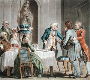 Comte de Vaux (1705-88) erbjuder mat och dryck till en bonde, graverad av Jean Baptiste Morret (fl.1790-1820)