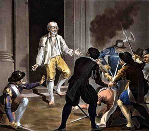 Gaspard de Colignys död, graverad av Jean Baptiste Morret (fl.1790-1820) 1788 (färgad gravyr)