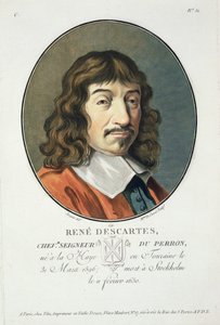 Rene Descartes, från "Porträtt av stora män, illustra kvinnor och minnesvärda ämnen i Frankrike, graverade och tryckta i färg", utgiven av Pierre Blin, 1786-92, Paris av Antoine Louis Francois Sergent Marceau
