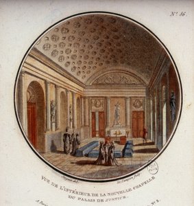 Vy över interiören av det nya kapellet i tingshuset, nu Sainte Chapelle, Paris. I prittoresque utsikt över huvudbyggnaderna i Paris av sergeant av Antoine Louis Francois Sergent Marceau