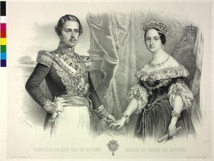 Drottning av Spanien och hennes make Frans Isabella II (litografi) av Antoine Maurin