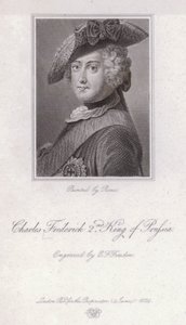 Fredrik den store, kung av Preussen (gravyr) av Antoine Pesne