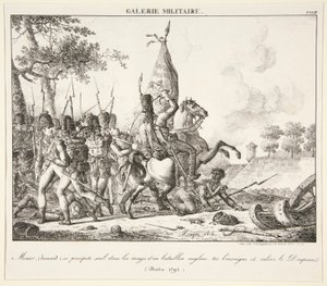 Menier (Hussar) kastar sig ensam i raden av en engelsk bataljon, dödar fänriken och erövrar flaggan (Druten, 1795)
