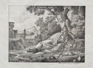 Samling av litografiska essäer: Rökande drake ligger vid foten av ett träd, 1822.
