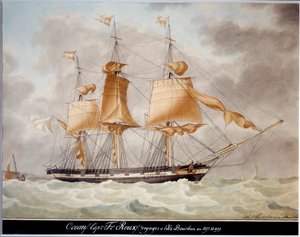 The Ocean Trois Mats Carres, Voyage to Bourbon Island Watercolor av Antoine Roux (1765-1835) 1827-1829 Marseille, Marine Museum