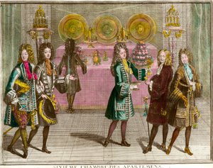Buffé står för snacks i det sjätte sovrummet i lägenheterna i familjen Ludvig XIV (1638-1715) under kvällarna i lägenheten i Versailles omkring 1696 Gravyr av Antoine Trouvain (1656-1708) 1696 ca. Privat samling
