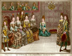 Dans i det fjärde sovrummet i lägenheterna i Louis XIV:s familj (1638-1715) under kvällarna i lägenheten i Versailles runt 1696: hertigen av Chartres dansar menyn med Mademoiselle i närvaro av hertiginnan av Maine, hertigen av B