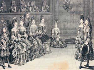Hertigen av Burgund, hertiginnan av Maine, prinsessan av Conti och hertigarna av Chartres lyssnar på musik, gravyr, Frankrike