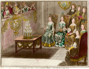 Musiksession i det femte sovrummet i Ludvig XIV:s familjelägenheter (1638-1715) under kvällarna i lägenheten i Versailles omkring 1694 Gravyr av Antoine Trouvain (1656-1708) 1694 ca. Privat samling