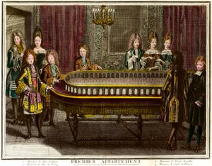 Philippe av Frankrike, hertig av Anjou, dåvarande kung av Spanien (1683-1746), Charles, hertig av Berry (1686-1714) och prins av Wales spelar portik i Ludvig XIV:s första lägenhet i Versailles - Gravyr av Antoine Trouvain (1656) -1708) Privat samling - Cha