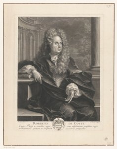 Porträtt av Robert de Cotte lutad mot en bok i klassisk arkitektur Robertus De Cotte (titel på objekt)